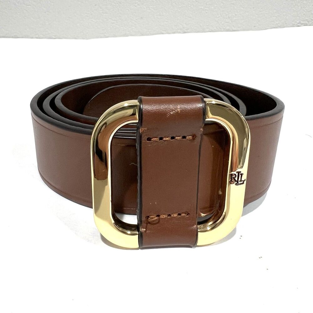 Lauren Ralph Lauren Women's Leather Slide Buckle Belt Size L Brown Brass